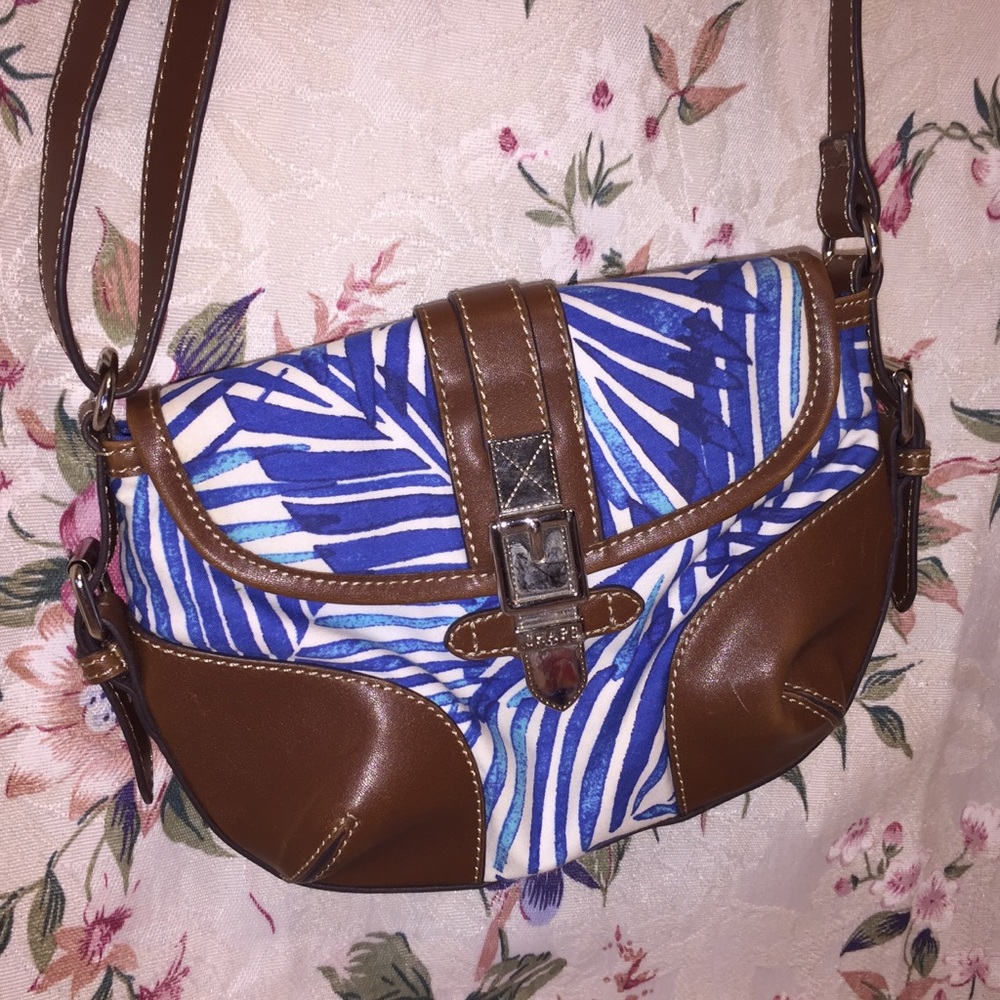 Chap’s Blue & White Crossbody w/ Faux Leather Trim
